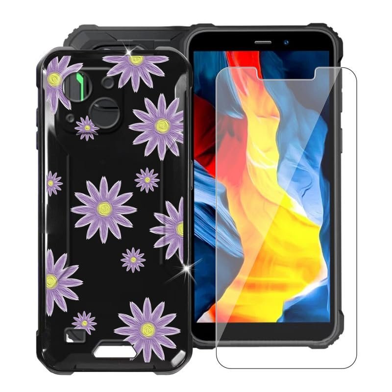 ZXLZKQ Black Soft TPU Bumper Phone Case for Oukitel WP32 (5.93") with 1 X Tempered Glass Screen Protector, Slim Silicone Shockproof Cover for Oukitel WP32 - Purple Flower