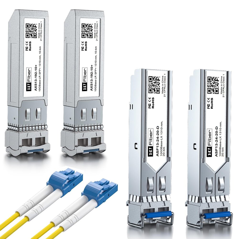 2 Pack 10Gbase-LR Transceivers with 2 Pack 1000Base-LX Transceivers and 2M OS2 LC to LC Fiber Patch Cable, Single Mode SFP+ LC Module, SMF 1310nm, for Cisco,MikroTik, Ubiquiti, Unifi, Netgear, D-Link