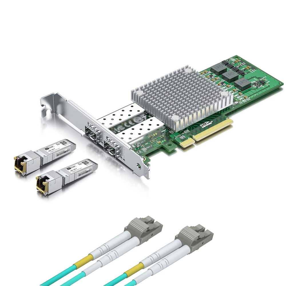 2 Pack 10Gbase-T Modules with 10Gb SFP+ PCI-E NIC and 2M OM3 LC to LC Fiber Patch Cable, 10G MultiMode SFP+ RJ45 Fiber Transceiver, Broadcom BCM57810S Network Card, Dual SFP+ Ports, PCI Express X8