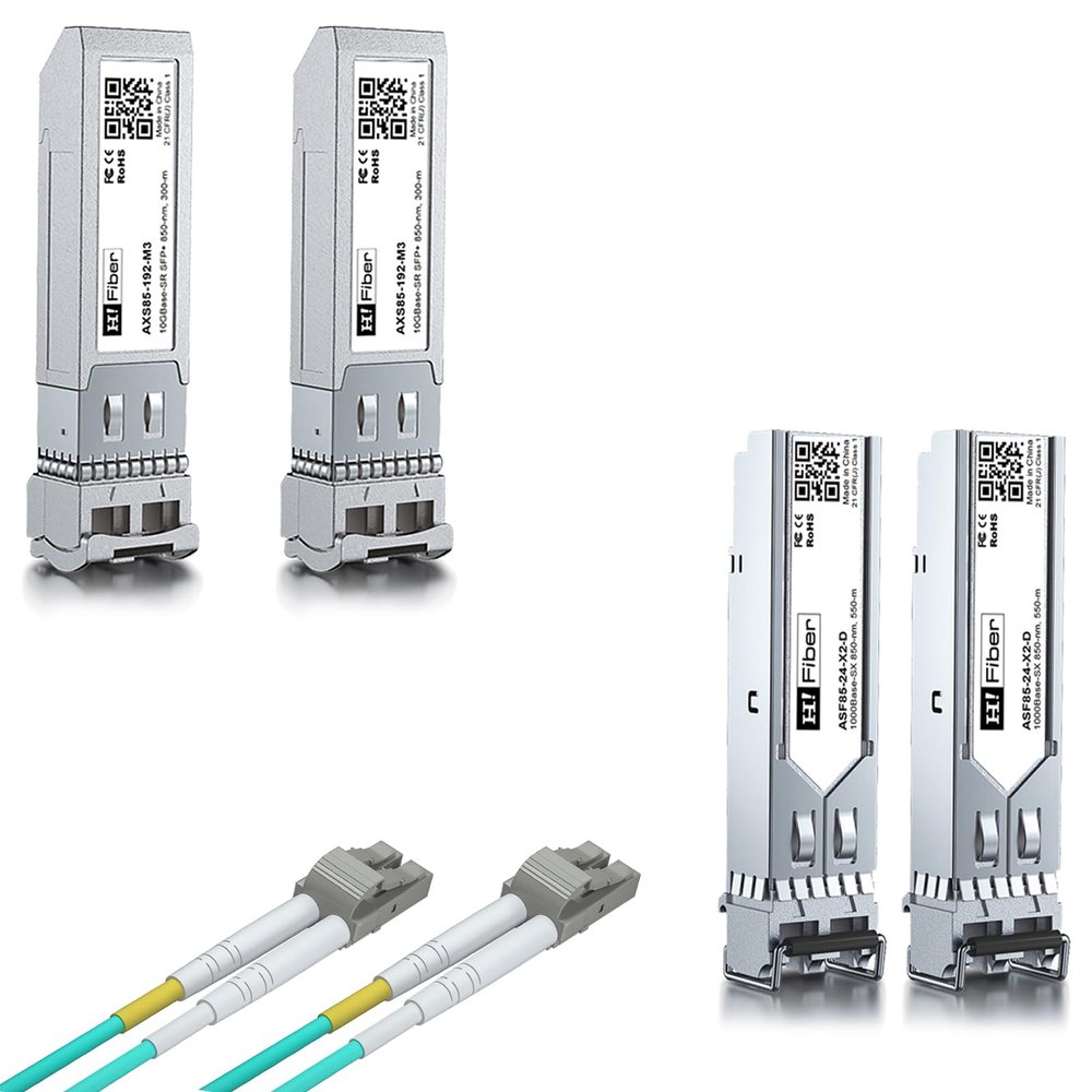 2 Pack 10Gbase-SR Transceivers with 2 Pack 1000Base-SX Transceivers and 2M OM3 LC to LC Fiber Patch Cable, MultiMode SFP LC Fiber Module, SMF 1310nm, for Cisco, MikroTik, Ubiquiti, Unifi, Netgear