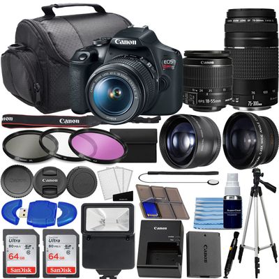 Canon EOS Rebel T7 DSLR Camera w/ 18-55mm Zoom Lens + 75-300mm Lens Kit | 24.1 Megapixels CMOS | HD Video + Wide Angle Lens + Telephoto Lens, 128GB Memory, 3PC Filter Kit, Tripod + More (35PC Bundle) (Renewed)