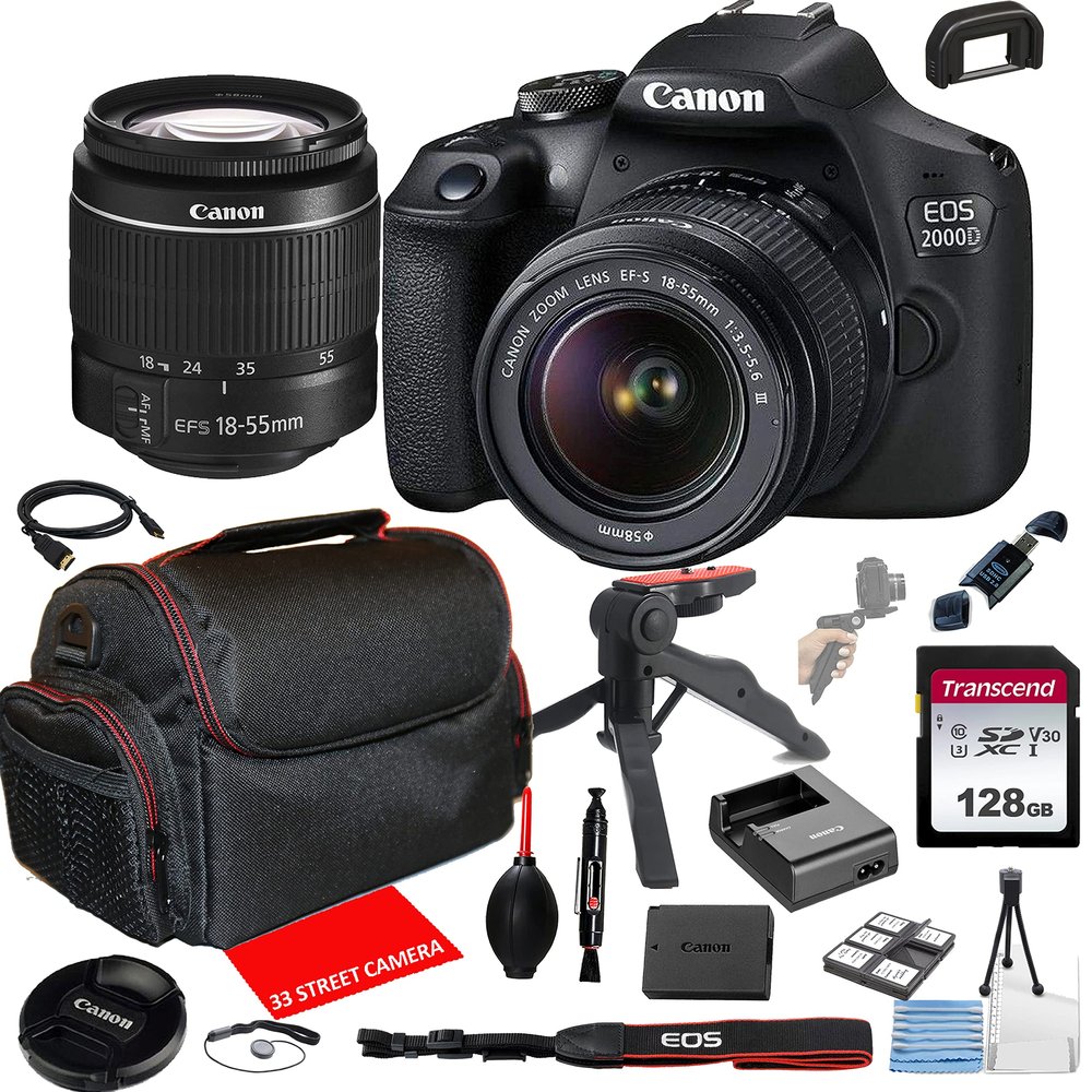 Canon EOS 2000D (Rebel T7) DSLR Camera w/EF-S 18-55mm F/3.5-5.6 Zoom is II Lens + 128GB Memory + Case + Tripod (20pc Bundle) (Renewed)