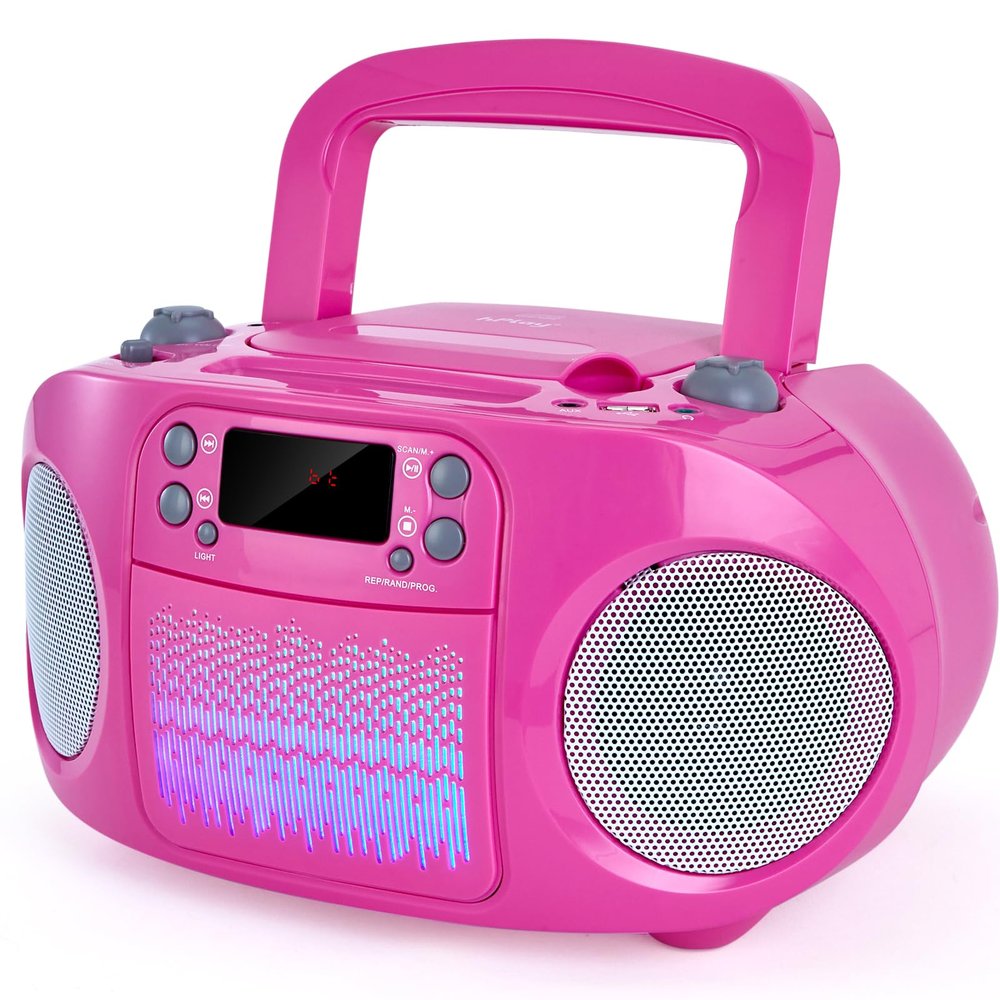 hPlay GC09 Kids Boombox, CD Player, Bluetooth connectivity for Smartphones, AUX, USB, Radio and MP3 connectivity, Sing Along Function, USB Power Adapter Included (Microphone not Included)- Pink