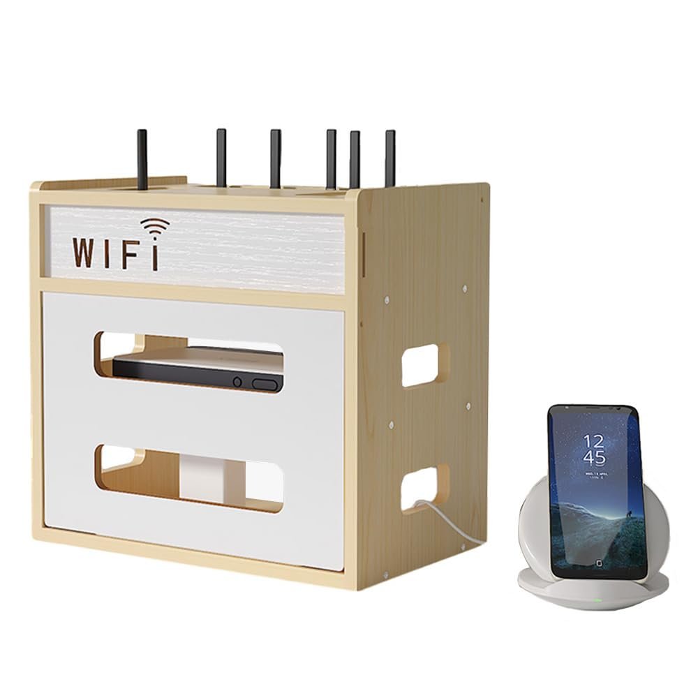 Wooden Router Shelf, Desktop WiFi Router Storage Box Modem Rack, Power Router Fences Standing Shelf Units, Cable Management Hider Box Organizer for Office and Home (White Maple)