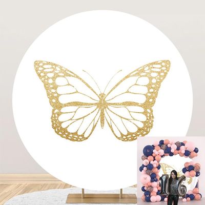 OERJU Round Butterfly Backdrop Cover Butterfly Circle Backdrop Cover White and Gold Butterfly Photo Background for Girls Women Princess Birthday Baby Shower Party Decorations Photo Studio Props 7.5ft