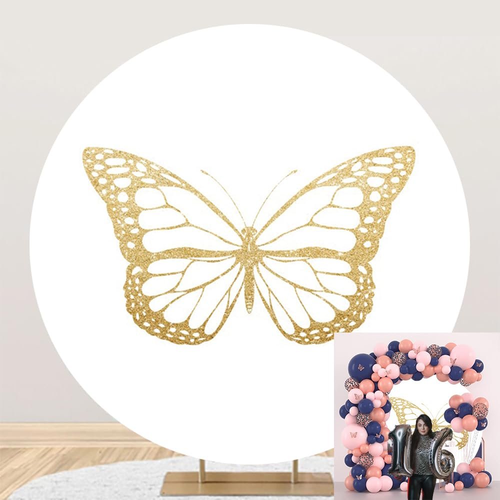 OERJU Round Butterfly Backdrop Cover Butterfly Circle Backdrop Cover White and Gold Butterfly Photo Background for Girls Women Princess Birthday Baby Shower Party Decorations Photo Studio Props 7.5ft