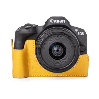MUZIRI KINOKOO EOS R50 Case, Retro Style Real Genuine Leather Case for Canon EOS R50/EOSR50 Camera Protective Case - EOS R50 Case with Hand Grip and Opening Bottom Design - Yellow