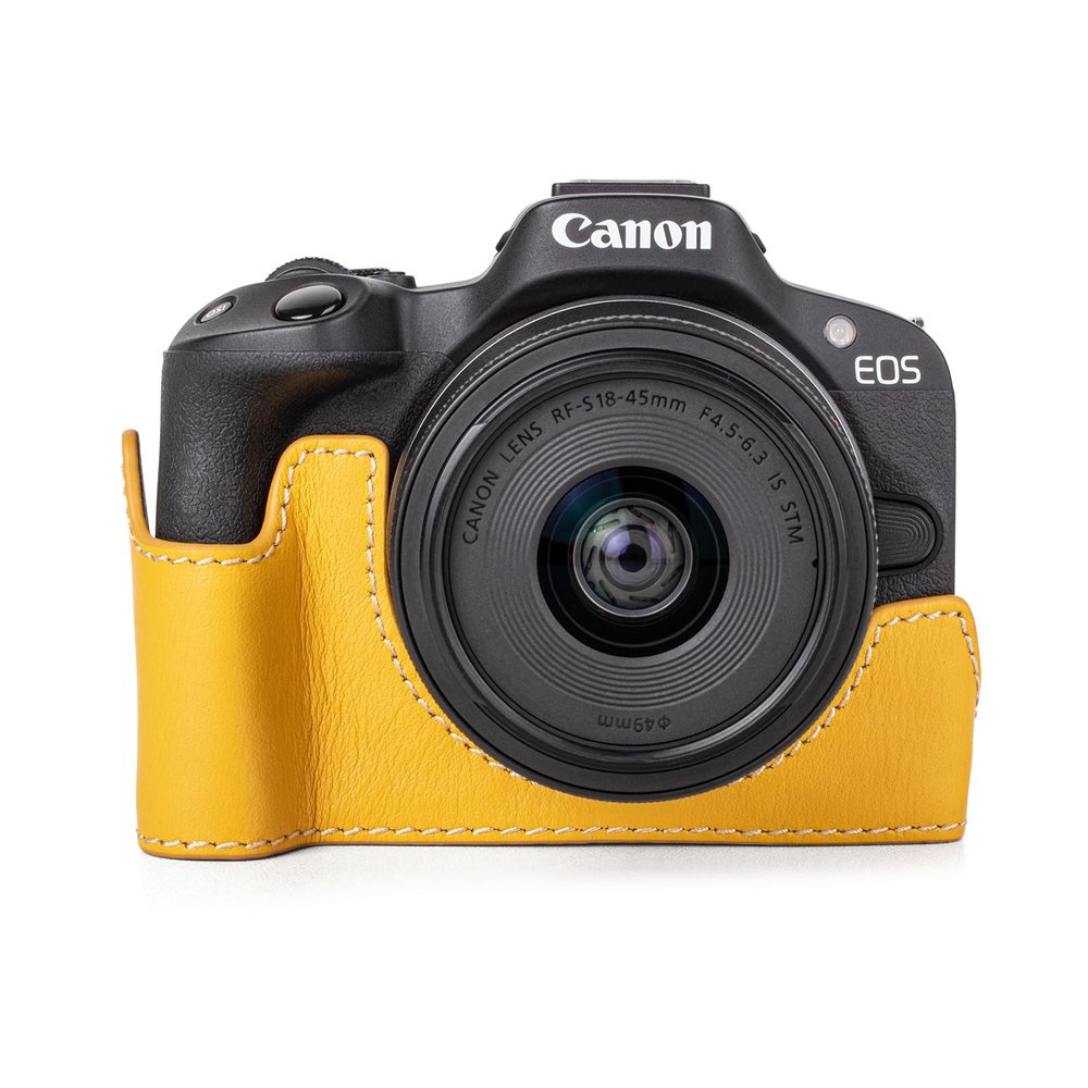 MUZIRI KINOKOO EOS R50 Case, Retro Style Real Genuine Leather Case for Canon EOS R50/EOSR50 Camera Protective Case - EOS R50 Case with Hand Grip and Opening Bottom Design - Yellow