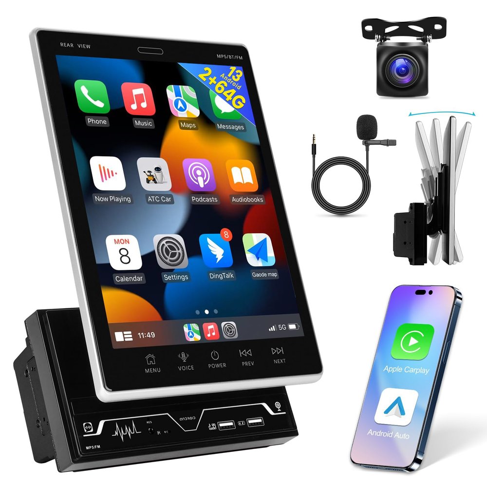 [2G+64G] 9.7 inch Android Vertical Double Din Car Stereo 2 Din Touch Screen CarPlay Radio Unit - Wireless Car Play/Android Auto/Bluetooth/1080P/SWC/GPS+AHD Backup Camera+MIC