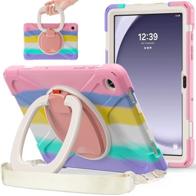 360 Rotation Case for Galaxy Tab A9+ A9 Plus 11'' 2023 SM-X210/X215/X216with Shoulder Strap Rotatable Kickstand/Handle Rugged Silicone Child Protective CoverColorful Pink