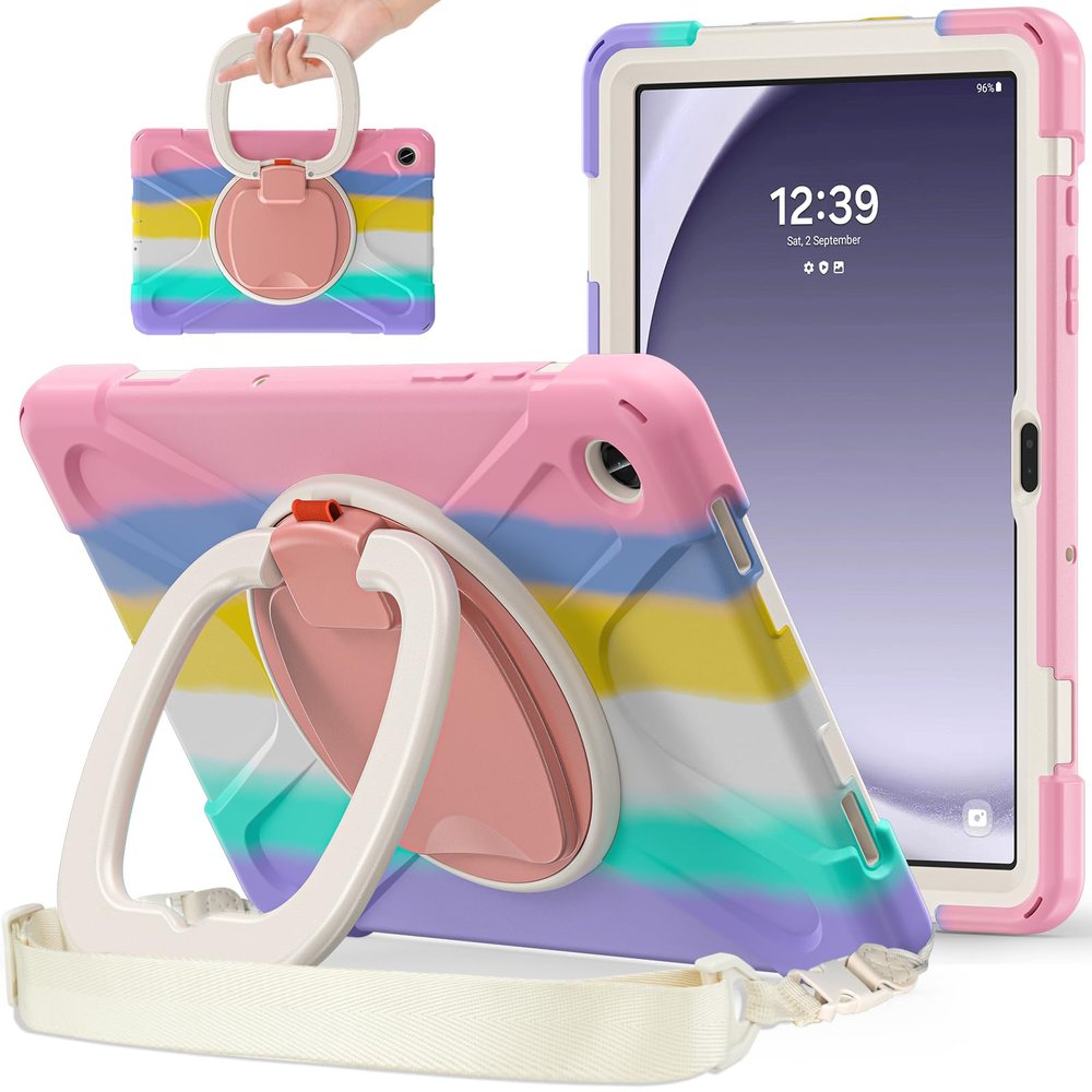 360 Rotation Case for Galaxy Tab A9+ A9 Plus 11'' 2023 SM-X210/X215/X216with Shoulder Strap Rotatable Kickstand/Handle Rugged Silicone Child Protective CoverColorful Pink
