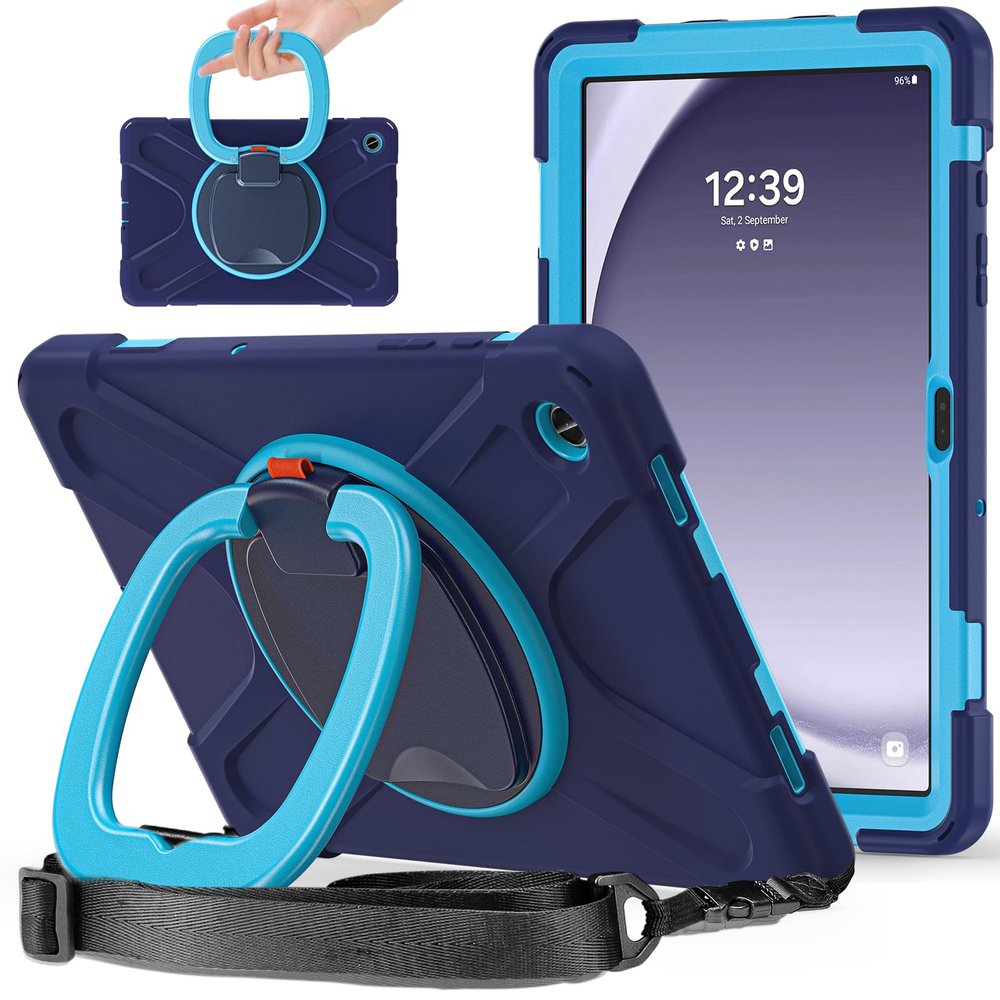 360 Rotation Case for Galaxy Tab A9+ A9 Plus 11'' 2023 SM-X210/X215/X216with Shoulder Strap Rotatable Kickstand/Handle Rugged Silicone Child Protective CoverNavy Blue+Blue