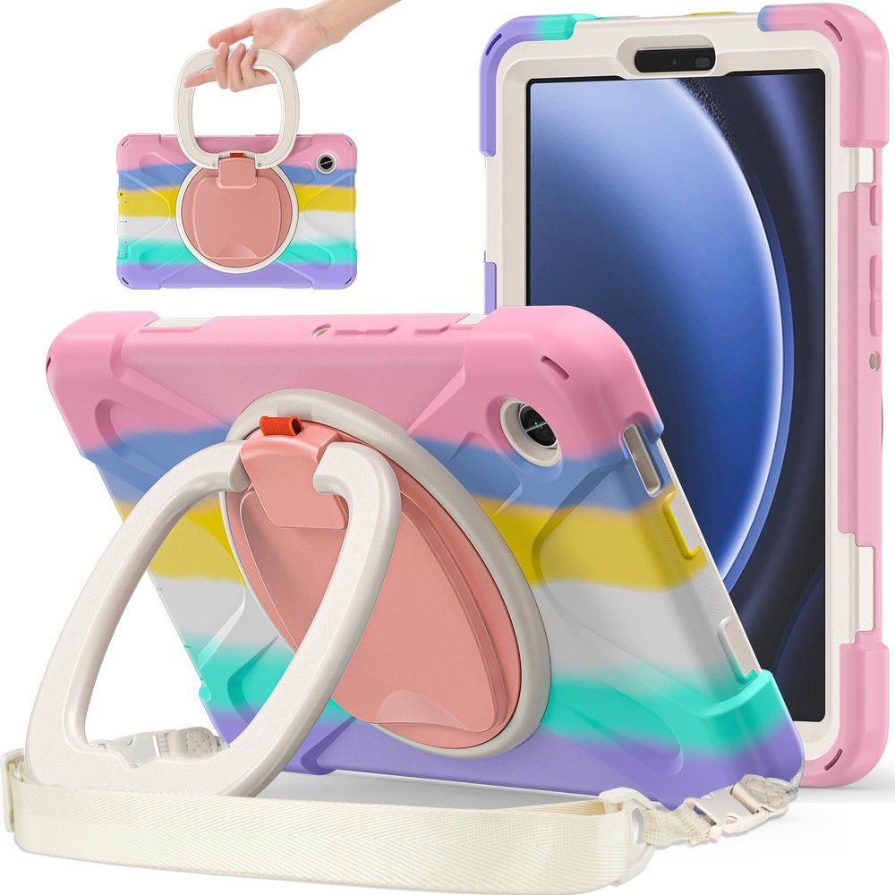 360 Rotation Case for Galaxy Tab A9 8.7'' 2023 SM-X110/X115/X117with Shoulder Strap Rotatable Kickstand/Handle Rugged Silicone Child Protective CoverColorful Pink