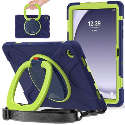 360 Rotation Case for Galaxy Tab A9+ A9 Plus 11'' 2023 SM-X210/X215/X216with Shoulder Strap Rotatable Kickstand/Handle Rugged Silicone Child Protective CoverNavy Blue+Green