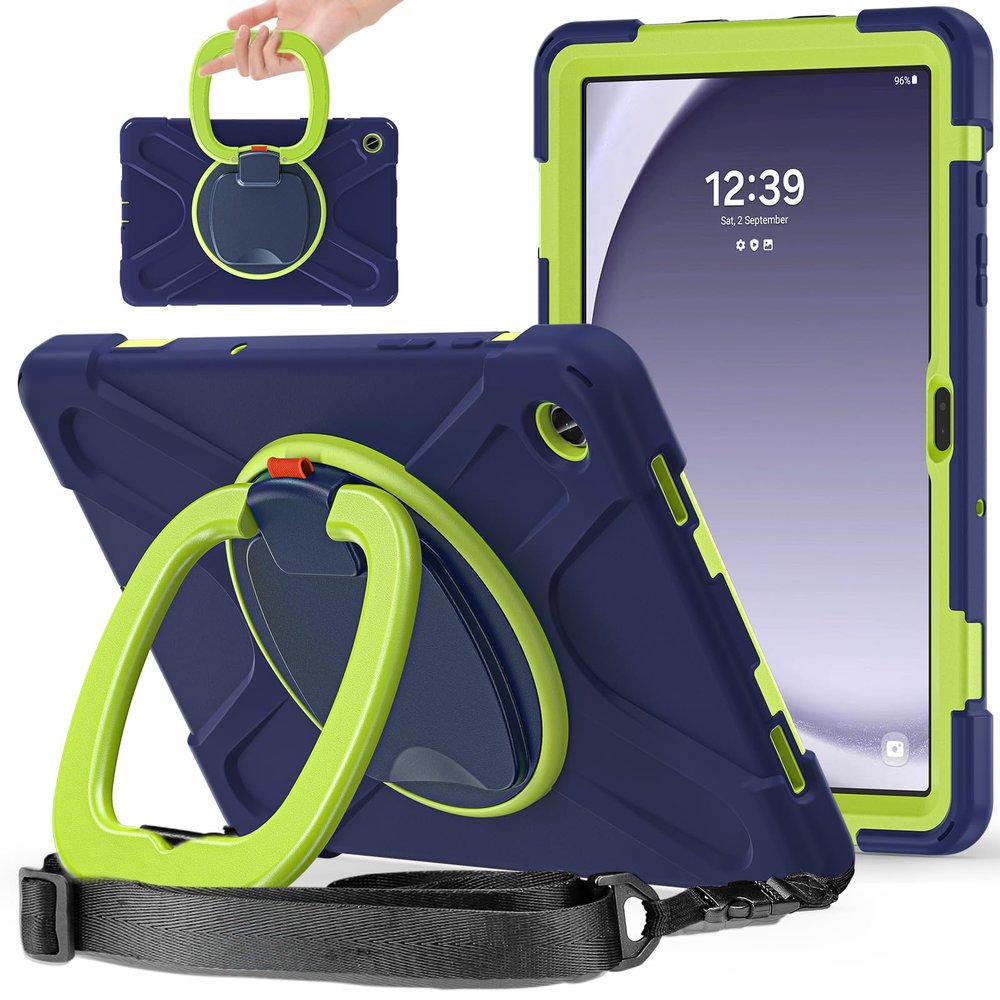 360 Rotation Case for Galaxy Tab A9+ A9 Plus 11'' 2023 SM-X210/X215/X216with Shoulder Strap Rotatable Kickstand/Handle Rugged Silicone Child Protective CoverNavy Blue+Green