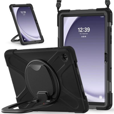 360 Rotation Case for Galaxy Tab A9+ A9 Plus 11'' 2023 SM-X210/X215/X216with Shoulder Strap Rotatable Kickstand/Handle Rugged Silicone Child Protective CoverBalck