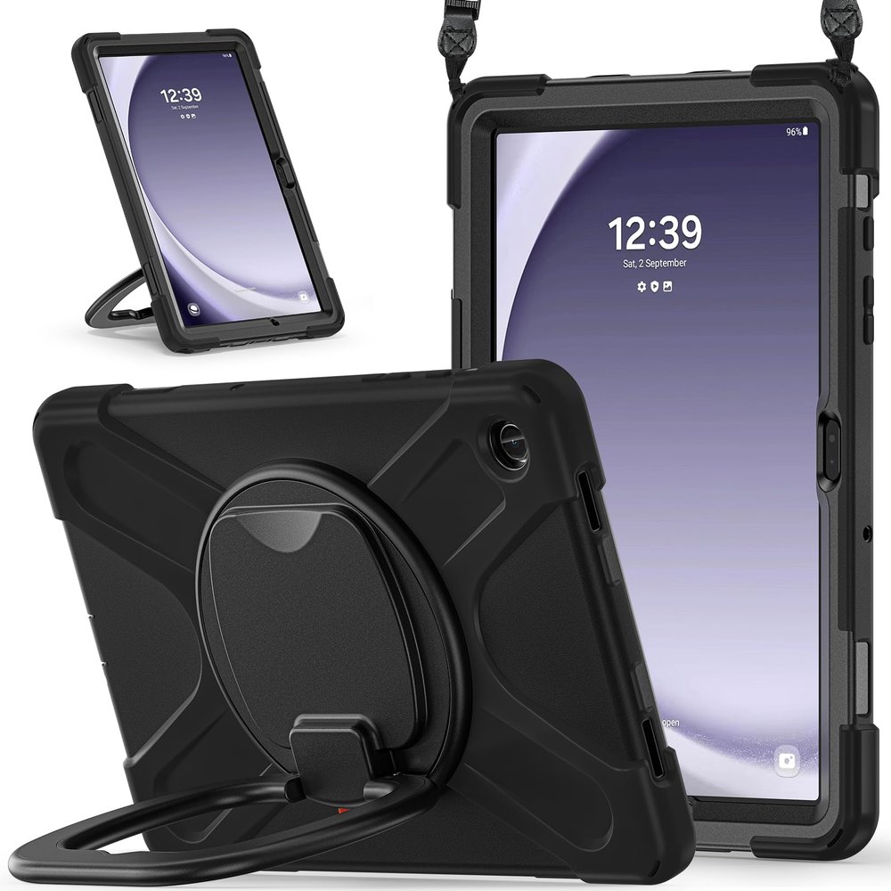 360 Rotation Case for Galaxy Tab A9+ A9 Plus 11'' 2023 SM-X210/X215/X216with Shoulder Strap Rotatable Kickstand/Handle Rugged Silicone Child Protective CoverBalck