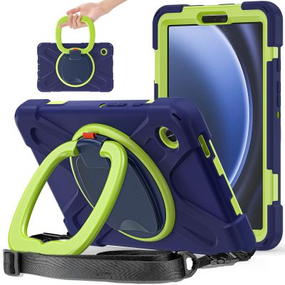 360 Rotation Case for Galaxy Tab A9 8.7'' 2023 SM-X110/X115/X117with Shoulder Strap Rotatable Kickstand/Handle Rugged Silicone Child Protective CoverNavy Blue+Green