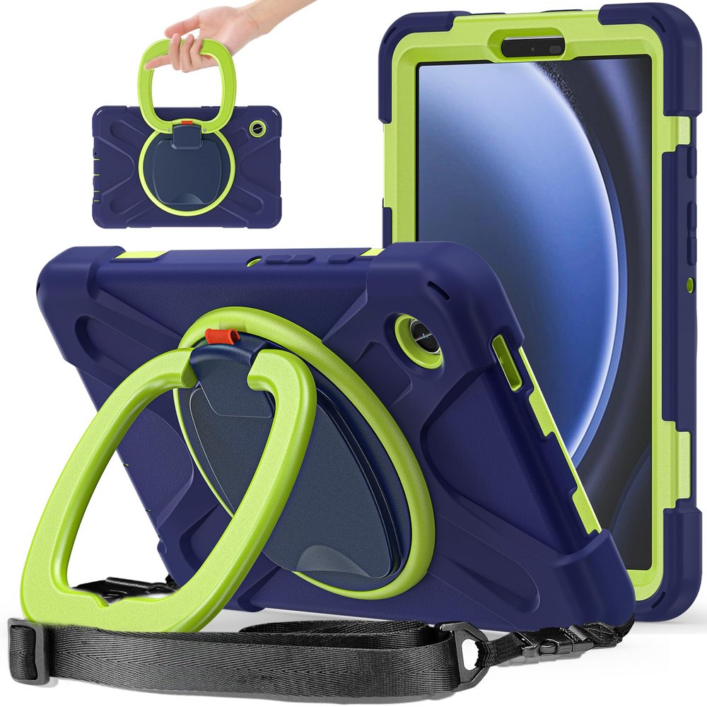 360 Rotation Case for Galaxy Tab A9 8.7'' 2023 SM-X110/X115/X117with Shoulder Strap Rotatable Kickstand/Handle Rugged Silicone Child Protective CoverNavy Blue+Green
