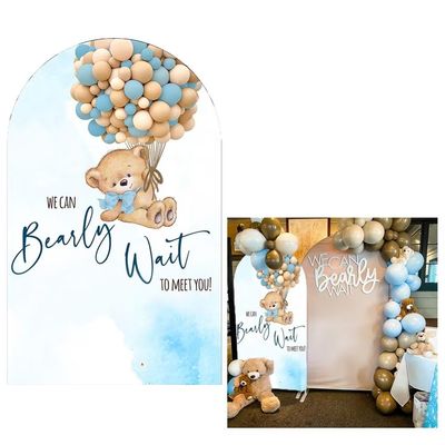Aerdce Blue Teddy Bear Arched Fabric Backdrop Cover We Can Bearly Wait to Meet You Arch Backdrop Stand Covers for Birthday Baby Shower Party Photoshoot(Only Cover)