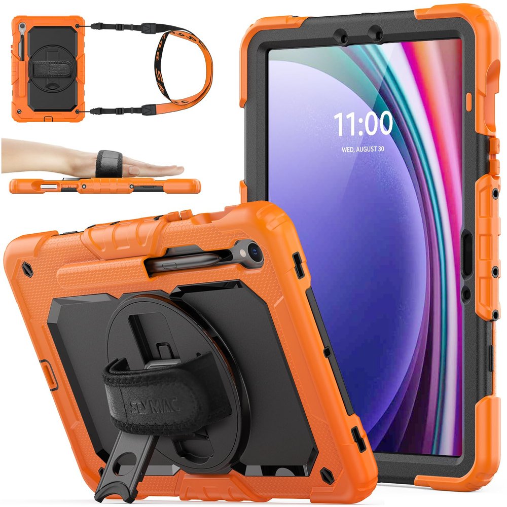SEYMAC stock Case for Samsung Galaxy Tab S10 Lite / S10 FE / S9 FE 5G / S9 Tablet Case 10.9''/ 11'' Protective with Screen Protector, Pen Holder, 360 Rotate Stand, Hand Strap, Shoulder Strap, Orange