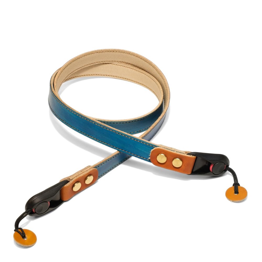 Handmade Leather Camera Strap - Quick Release Buckle - Made from Veg Tan leather, hand-dyed color. (Scooter Blue)