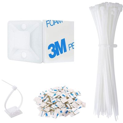 100 Set Cable Zip Tie Self Adhesive Mounts Kit with 6" Zip Ties, 3/4" Wire Holders Squares, Screws - Sticky Wire Fasteners Cable Clips Management Anchors Organizer - White