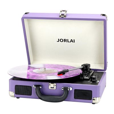 JORLAI Record Player 3 Speed Vinyl with Bluetooth Vintage Turntable Built in Battery Portable Suitcase Support Aux in RCA Line Out Headphone Jack Purple