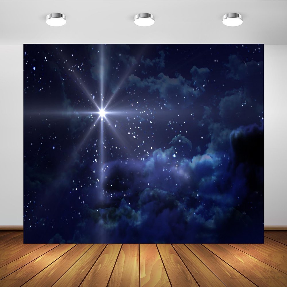 BELECO 9x6ft Fabric Star Night Backdrop Holy Christmas Star Blue Starry Sky Background Christmas Nativity Scene Star of Bethlehem Jesus Birth Background Religious Christian Church Decor Photo Props