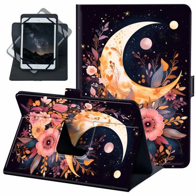 ACWDMKH Universal 7-9 Inch Android Tablet Case, 360 Rotating PU Leather Stand Folio Cover, Pink Flower Moon