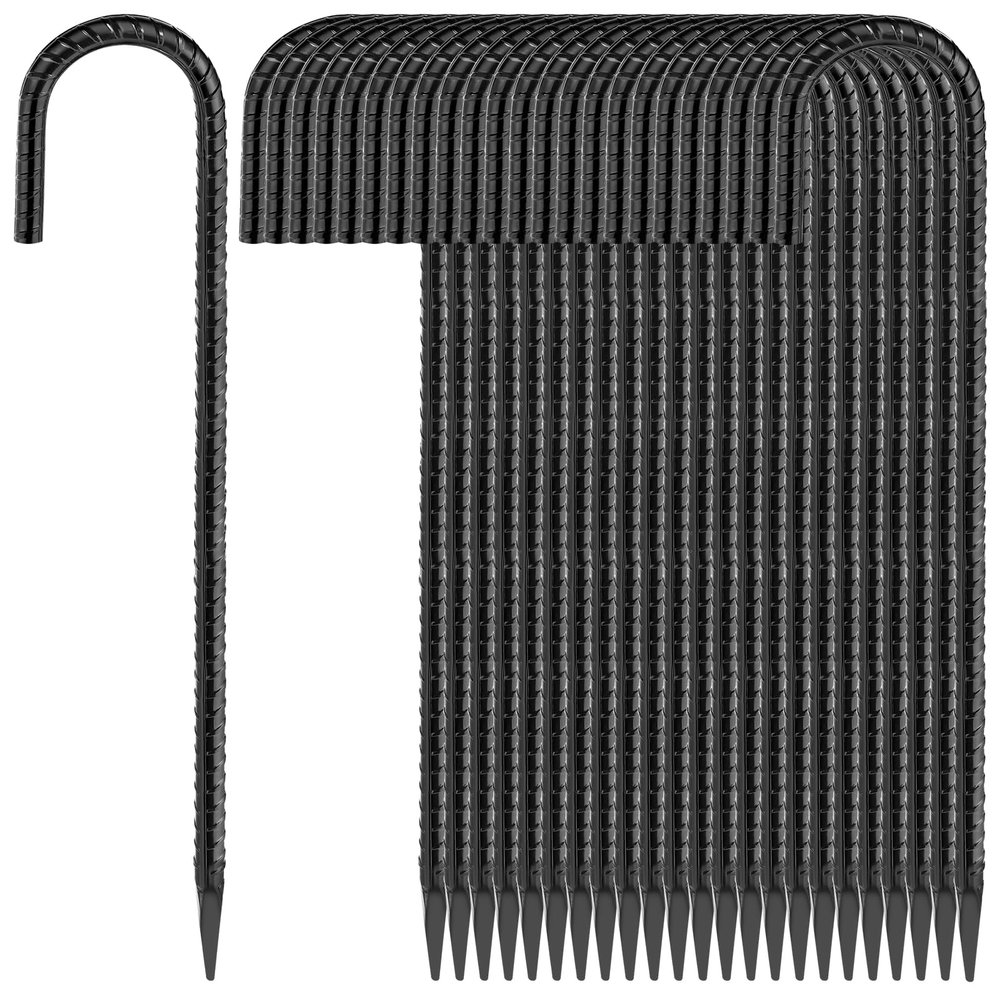 Besitu 16 Inches 24-Pack J Hook Rebar Stakes Heavy Duty Tent Stakes with Chisel Point End, Steel Ground Anchors Metal Garden Stakes Chain Link Fence Stakes Black Coated