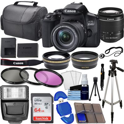 Canon EOS 850D (Rebel T8i) DSLR Camera w/ 18-55mm Lens Bundle with 64GB Memory Card, Wide Angle Lens, Telephoto Lens, 3Pc Filter Kit, Case, Tripod + Photography Kit (33 Pieces) (Renewed)