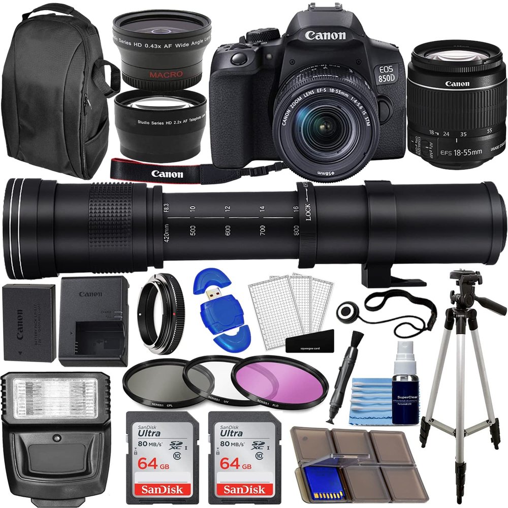 Canon EOS 850D (Rebel T8i) DSLR Camera w/ 18-55mm Lens Kit + 420-800mm Super Zoom Lens + Wide Angle Lens + Telephoto Lens + 128GB Memory + Case + Tripod + Filter Kit + Pro Bundle (Renewed)