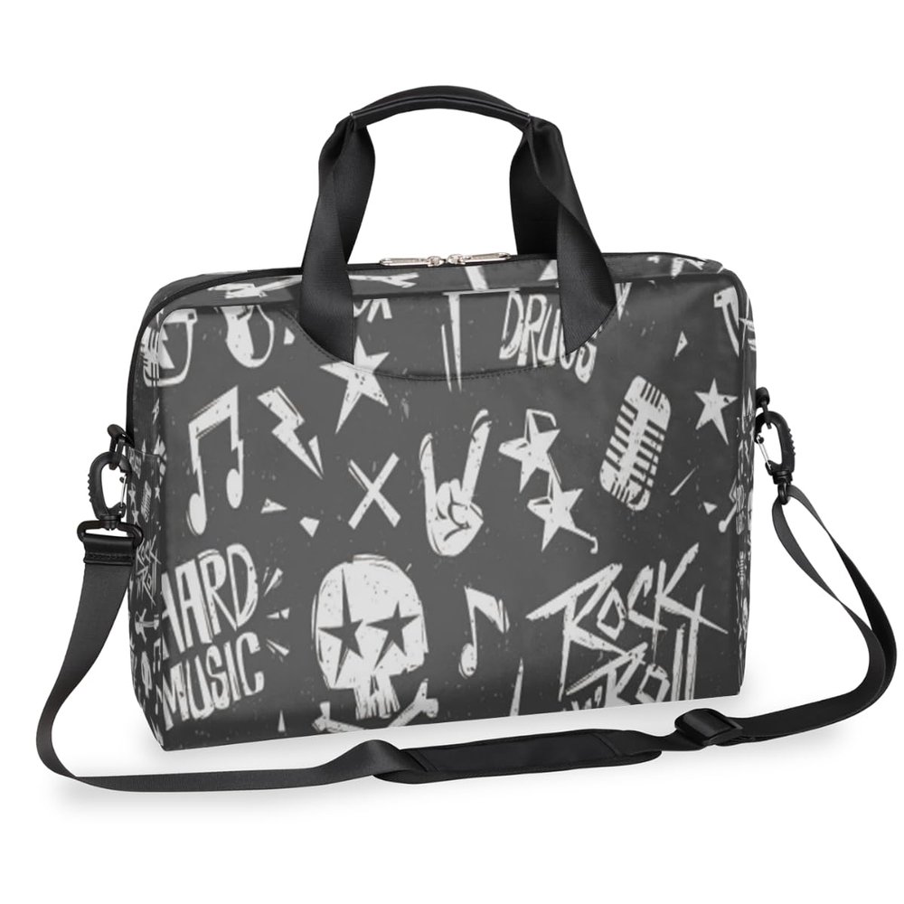 bisibuy Black White Rock Music Graffiti Laptop Bag 16 Inch with Shoulder Straps & Handle Water-Resistant Durable Messenger Bag for Men Women Business Office Travel Gifts