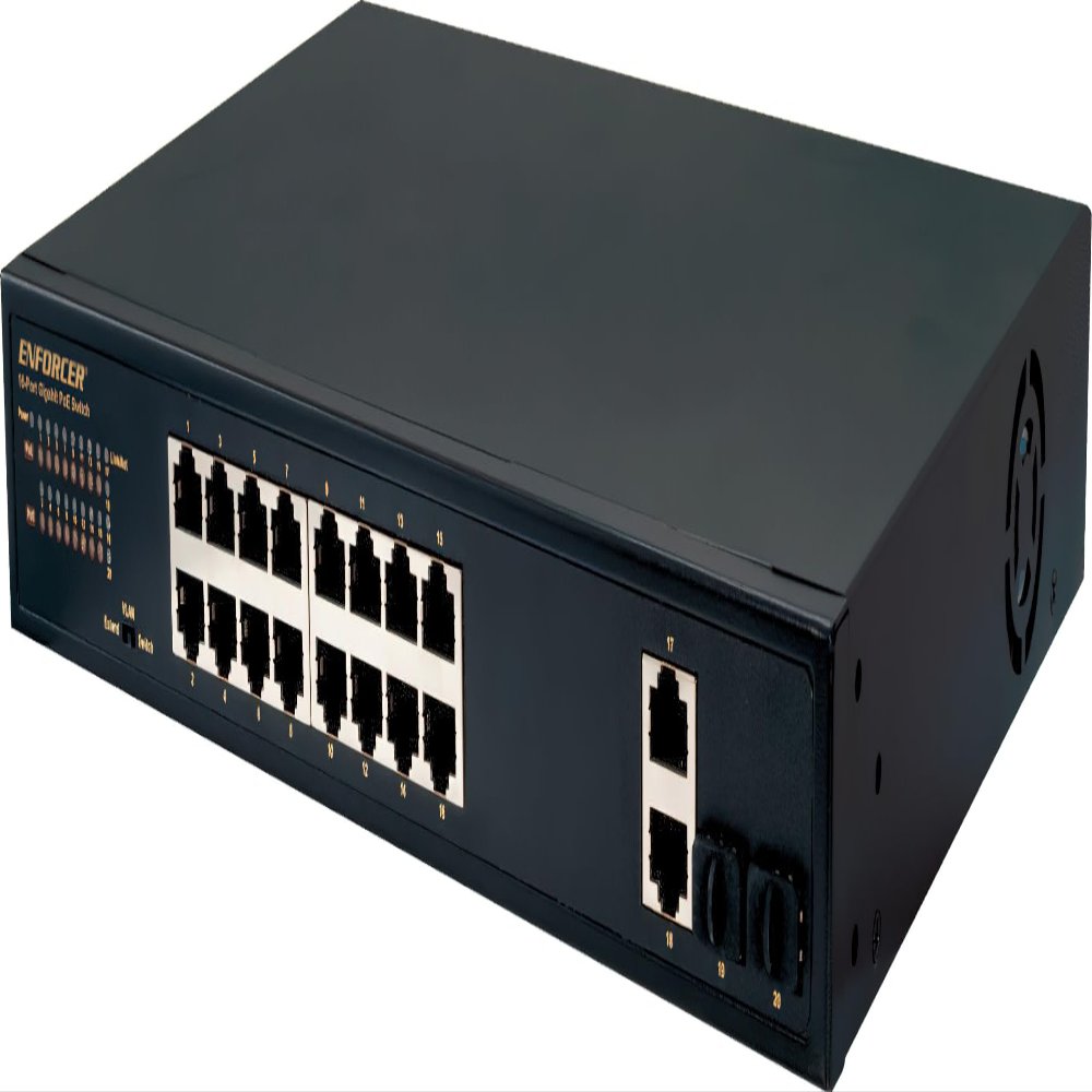 Seco-Larm NS-516UT-GAQ Enforcer 16-Port Unmanaged PoE Switch; Plug-and-Play Installation; Supports up to 10/100/1000B-T; IEEE 802.3X Flow Control; 100/240 VAC; 16 Downlink, 2 uplink, 2 SFP Ports