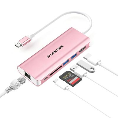 LENTION USB C Hub with 4K HDMI, SD Card Reader, 2 USB 3.0, Type C Charging Port, Ethernet Port, Compatible 2025-2016 MacBook Pro, 2025-2018 Mac Air/Surface/Steam Deck, More (CB-C68, Rose Gold)