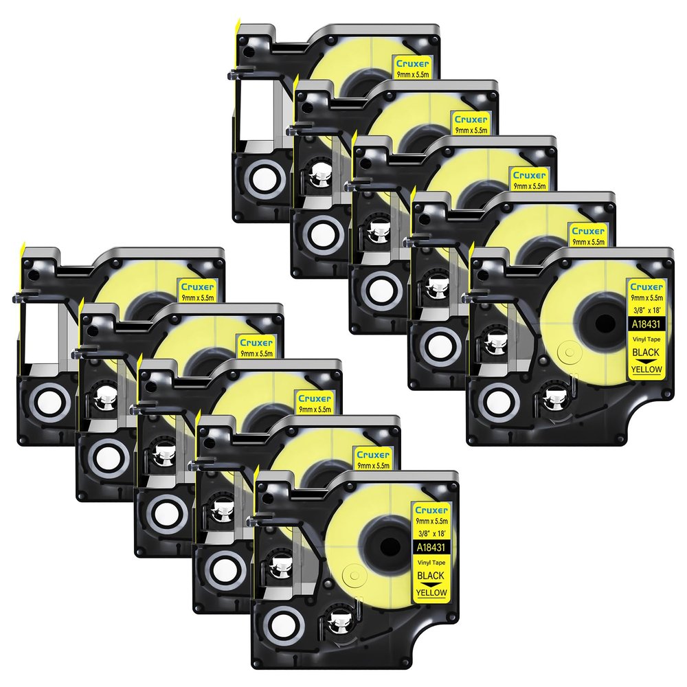 Cruxer 10 Pack Replacement for Rhino A18431 18431 9mm 3/8" x 18' Black on Yellow Label Tape IND Vinyl Industrial Labels Compatible with 5200 4200 1000 3000 6000 5000 Marker