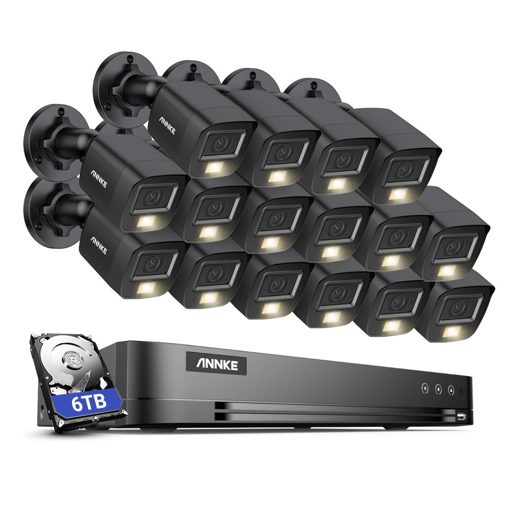 ANNKE 16CH Wired Security Camera System with Mic/Audio, 8MP H.265+ 16 Channel DVR with AI Human/Vehicle Detection, 16x IP67 CCTV 3K Cam with Dual Color Night Vision, Compatible with Alexa, 6TB HDD