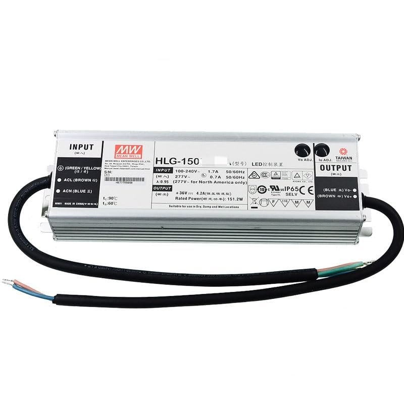 Mean Well HLG 150W 42V 3.6A LED Driver HLG-150H-42B Switching Power Supply Converter Transformer with IP67, PFC Function, Metal Case, 3 in 1 Dimming