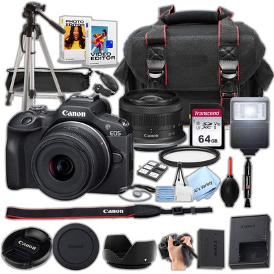 Canon EOS R100 with 18-45mm Lens Bundle: Includes 64GB Memory Card, Case, Tripod, UV Filter, Slave Flash, Wrist Grip, Lens Pen, Blower, Cloth & Memory Card Wallet - Photography Kit (Renewed)