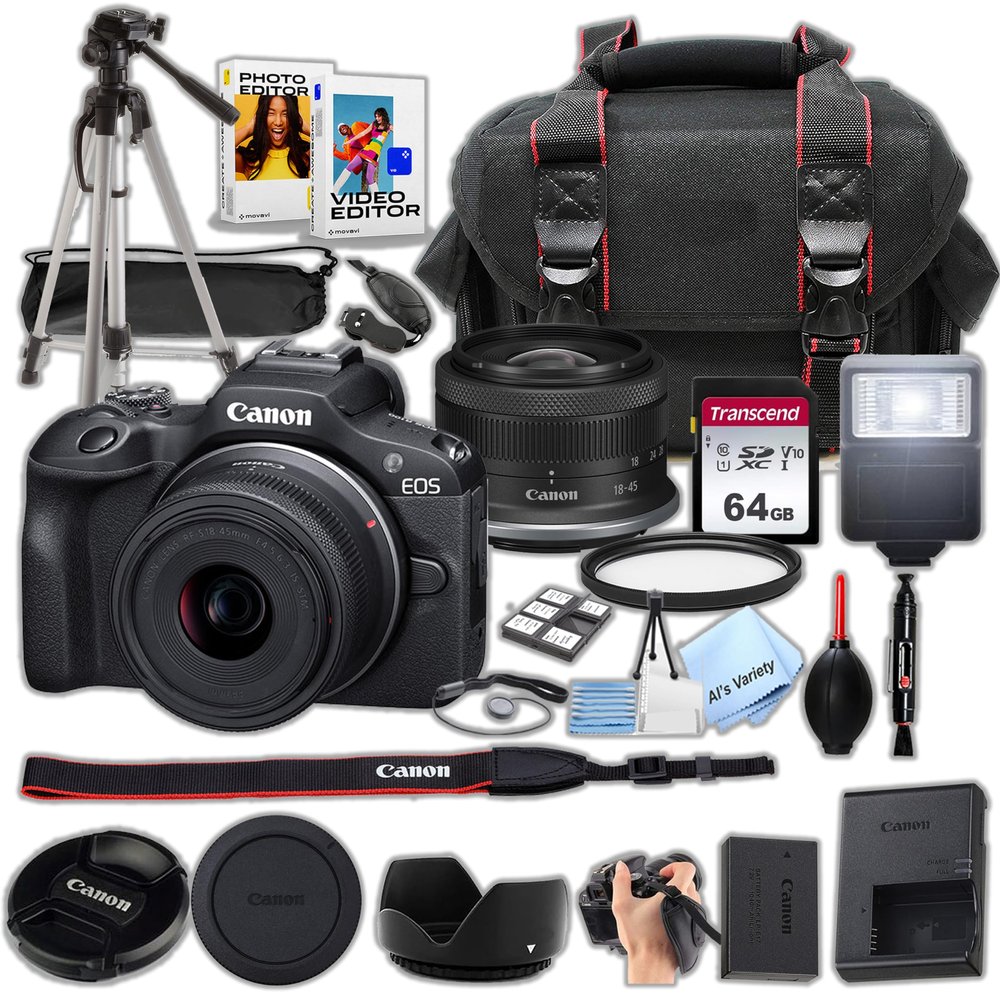 Canon EOS R100 with 18-45mm Lens Bundle: Includes 64GB Memory Card, Case, Tripod, UV Filter, Slave Flash, Wrist Grip, Lens Pen, Blower, Cloth & Memory Card Wallet - Photography Kit (Renewed)