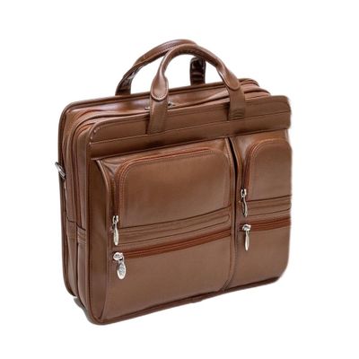 15 in. Leather Dual-Compartment Laptop Briefcase Brown