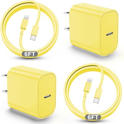 6ft iPhone Fast Charging Cable, 20W USB C Wall Charger With Type C to Lightning Cord for iPhone 14/13/12/11 Pro Max Plus, iPad - 2Pcs Yellow