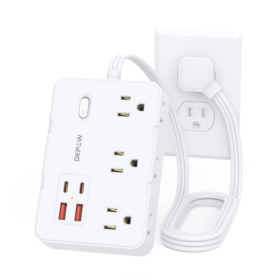 DEPOW Surge Protector Power Strip with Flat Plug, 3 FT Extension Cord with 6 AC Outlets 4 USB Ports,1050J Surge Protection, Wall Mountable Charging Station for Office, Home, White