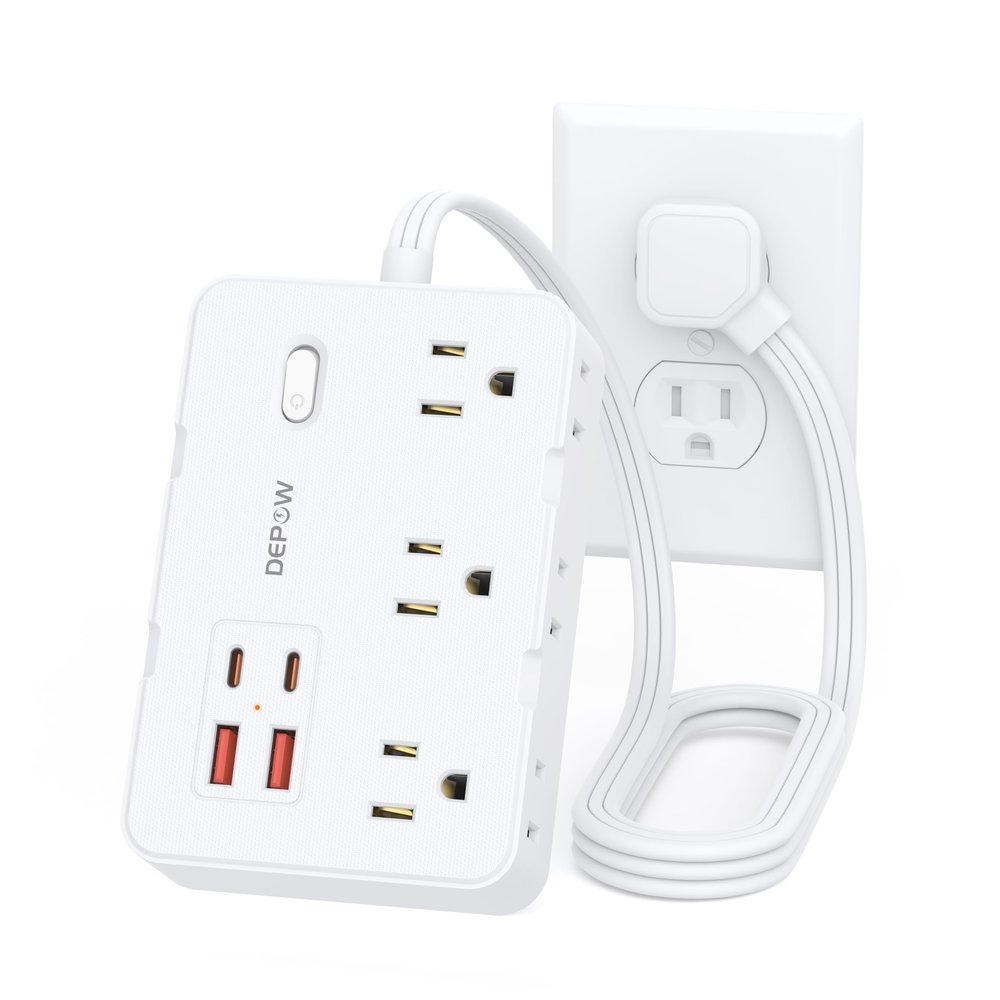 DEPOW Surge Protector Power Strip with Flat Plug, 3 FT Extension Cord with 6 AC Outlets 4 USB Ports,1050J Surge Protection, Wall Mountable Charging Station for Office, Home, White
