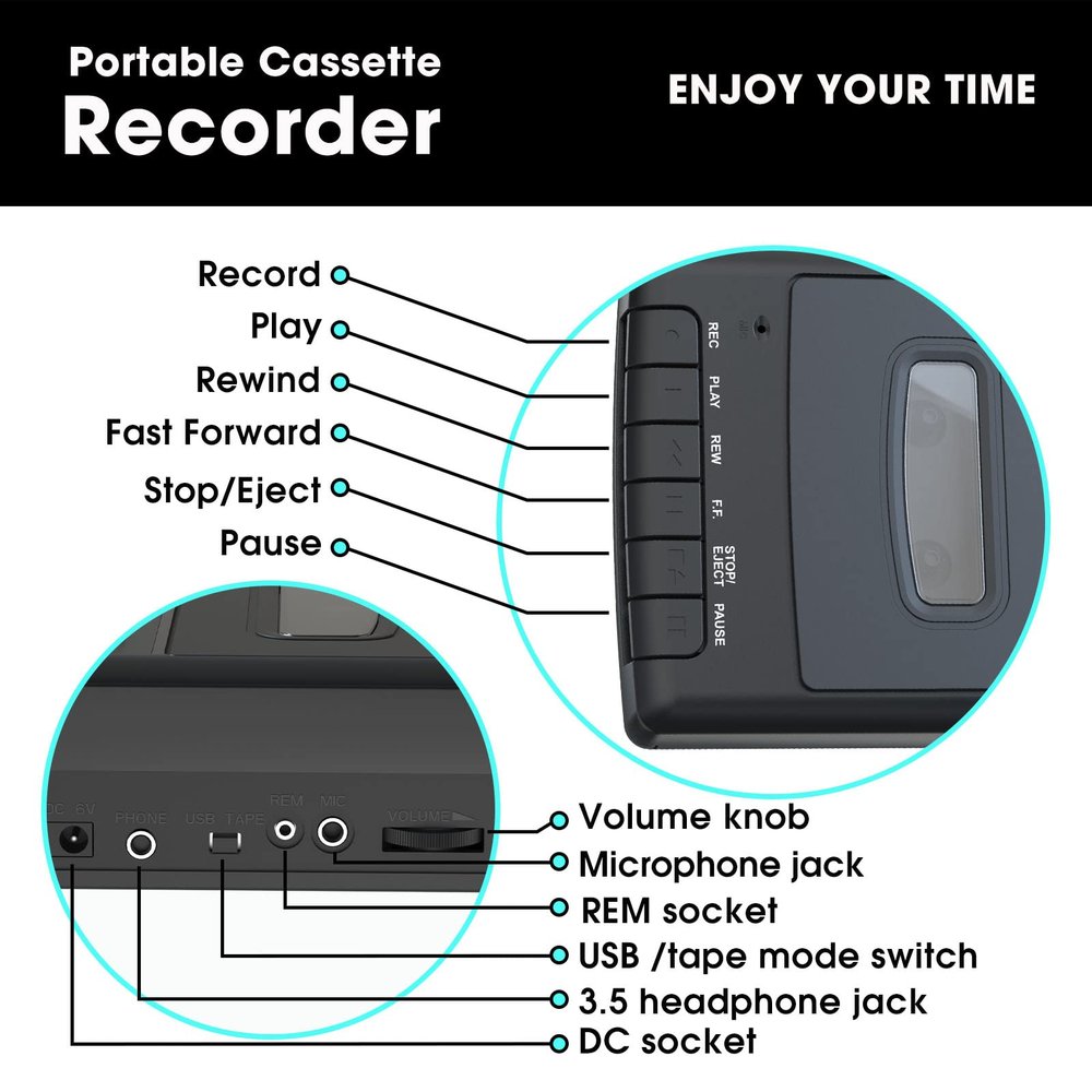Cassette Player Tape Recorder, Portable Walkman Tape Player with Stand-Alone Microphone, Cassettes Tape Digital Converter to USB Flash Disk, Built-in Speaker, Retractable Handle, 3.5MM Headphone Jack