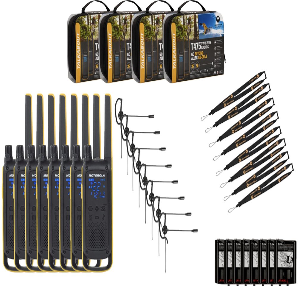Motorola Talkabout T475 Two Way Radio 8-Pack Walkie Talkies Black/Yellow 22 Channels PTT Earpieces Carrying Case Rechargeable