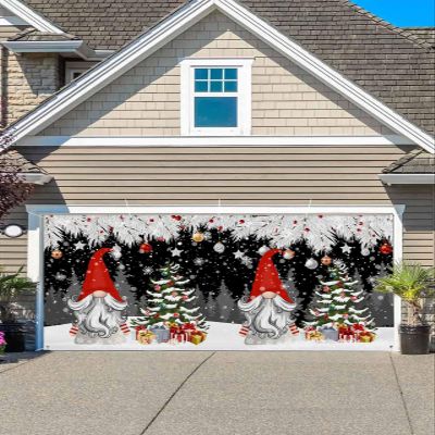 Winter Pine Garage Door Banner Cover Decorations, Large Outdoor Hanging Garage Door Covers Christmas Thanksgiving Halloween Wall Backdrop for Holiday Party, Christmas Gnomes Tree Black Red 6.8x8ft