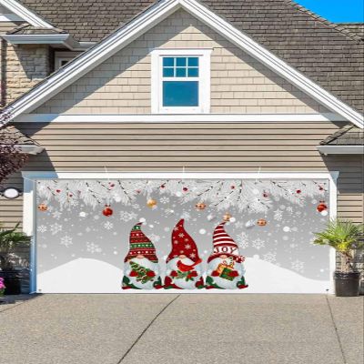 Christmas Gnomes Garage Door Banner Cover Decorations,Large Outdoor Hanging Garage Door Covers Christmas Thanksgiving Halloween Wall Party Backdrop,Silver Pine Tree Leaves Snowflake Grey 6.8x8ft