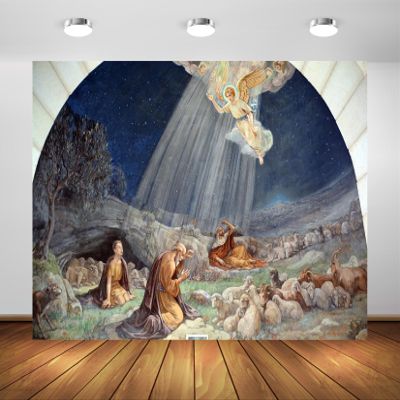 BELECO 5x4ft Fabric Shepherd and Sheep Backdrop Star of Bethlehem Blue Starry Night Nativity Background Christmas Church Religion Nativity Decorations Banner Photo Booth Studio Props
